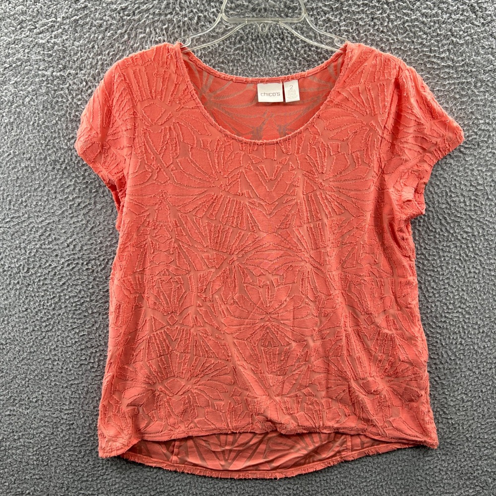 Chicos Womens Boho Top L Coral Minimalist Textured Geometric Artsy Travel Casual